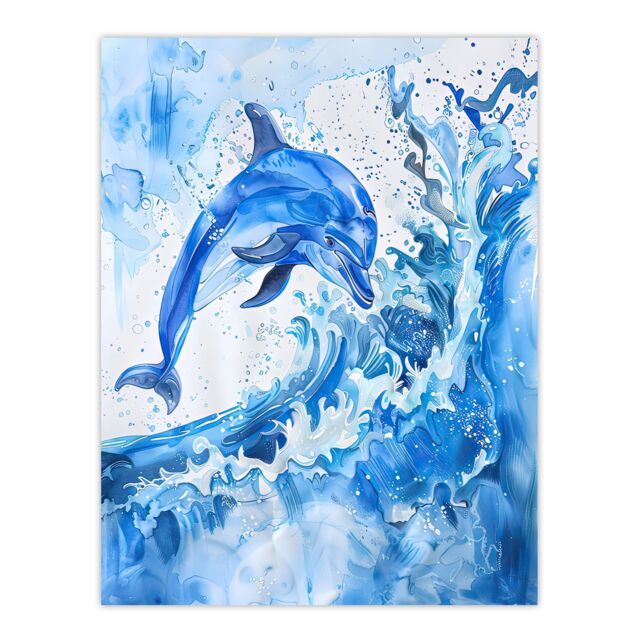 "Artery8 Playful Dolphin in Ocean Waves Splash Watercolour Wall Art Print in Blue - Size: W18"" x H24""" - image 1