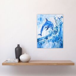 "Artery8 Playful Dolphin in Ocean Waves Splash Watercolour Wall Art Print in Blue - Size: W18"" x H24""" - thumbnail 4