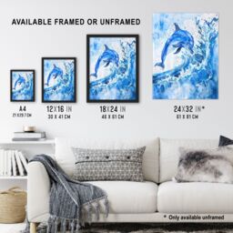 "Artery8 Playful Dolphin in Ocean Waves Splash Watercolour Wall Art Print in Blue - Size: W18"" x H24""" - thumbnail 3