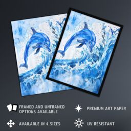 "Artery8 Playful Dolphin in Ocean Waves Splash Watercolour Wall Art Print in Blue - Size: W18"" x H24""" - thumbnail 2