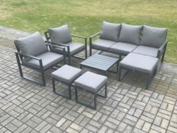 Fimous Aluminium Outdoor Lounge Sofa Set Garden Furniture Sets with Square Coffee Table 2 Chairs 3 Footstools Dark Grey 8 Seater - thumbnail 1