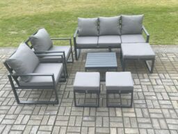 Fimous Aluminium Outdoor Lounge Sofa Set Garden Furniture Sets with Square Coffee Table 2 Chairs 3 Footstools Dark Grey 8 Seater - thumbnail 2