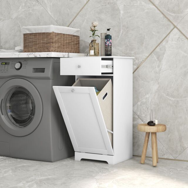 HOMCOM Bathroom Storage Cabinet with Foldable Laundry Hamper & Drawer in White - image 1