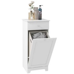 HOMCOM Bathroom Storage Cabinet with Foldable Laundry Hamper & Drawer in White - thumbnail 2