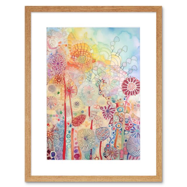 "Artery8 Wall Art Print Lace Pattern Flowers Multicoloured Folk Art Watercolour Painting Artwork Framed 9X7 Inch in Beige - Size: W7"" x H9""" - image 1