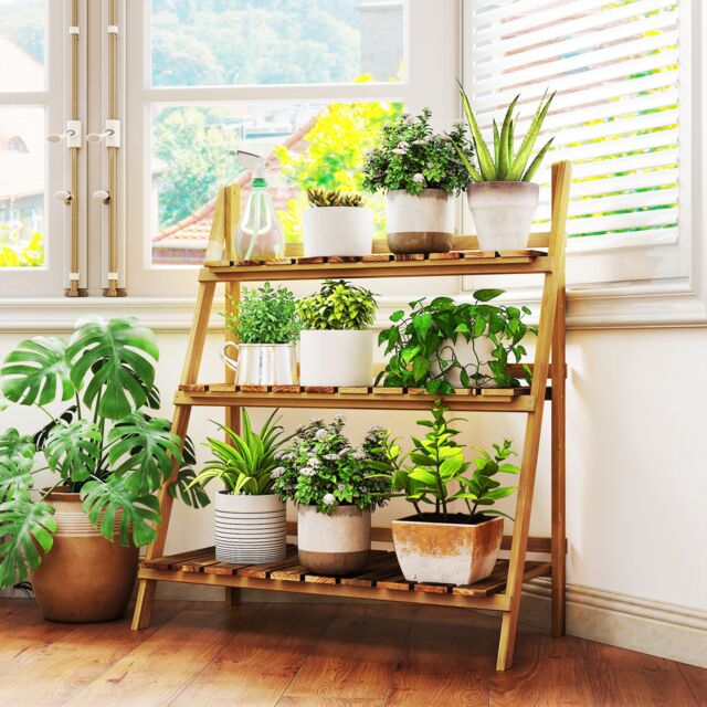 OUTSUNNY Wooden Flower Pot Rack Holder Fold Storage Shelf Stand in Brown - Size: Large - image 1
