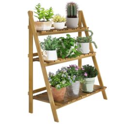 OUTSUNNY Wooden Flower Pot Rack Holder Fold Storage Shelf Stand in Brown - Size: Large - thumbnail 2