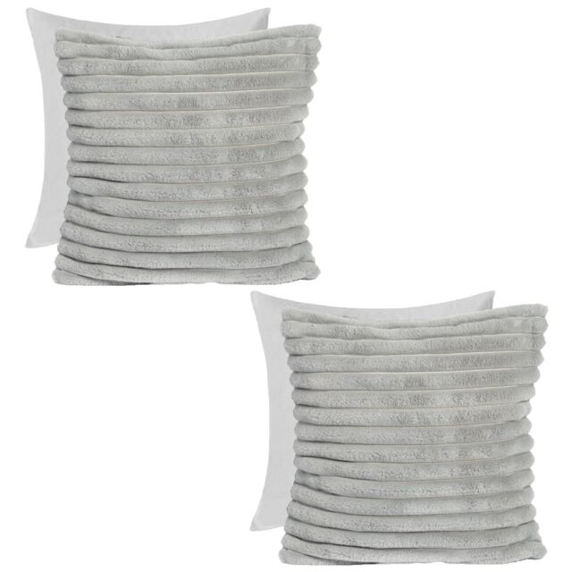 OHS 2 x Faux Fur Thick Rib Filled Cushion Covers in Light Grey - Size: 45 cm x 45 cm - image 1