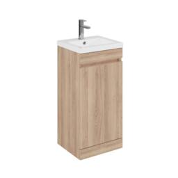 Balterley 400mm Floor Standing 1 Door Unit with Polymarble Basin - Light Oak in Brown - thumbnail 1