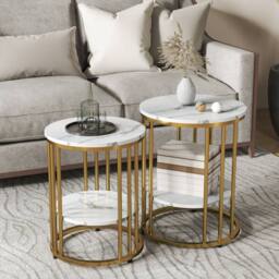 STILVORA 2 Piece Coffee Table Set with Shelf & Steel Frame in Gold - thumbnail 2