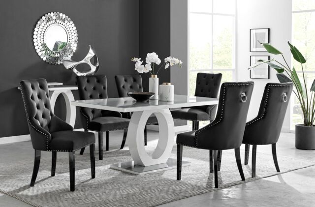 FurnitureboxUK Giovani 6-Seater Grey Glass Dining Table & 6 Belgravia Velvet Dining Chairs in Black - image 1