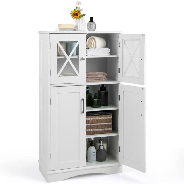 Gymax Bathroom Storage Cabinet 108 cm Linen Storage Cabinet With Doors in White - image 1