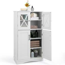 Gymax Bathroom Storage Cabinet 108 cm Linen Storage Cabinet With Doors in White - thumbnail 1