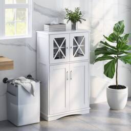 Gymax Bathroom Storage Cabinet 108 cm Linen Storage Cabinet With Doors in White - thumbnail 7