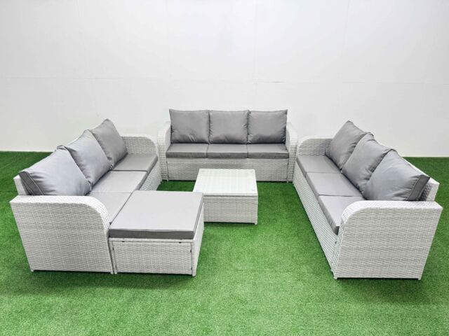 Fimous PE Rattan Lounge Sofa Set 10 Seater Outdoor Garden Furniture Set with Square Coffee Table 3 Seater Sofa Big Footstool Light Grey - image 1
