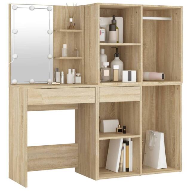 Berkfield Home LED Dressing Table with 2 Cabinets Sonoma Oak Engineered Wood in Light Brown - image 1