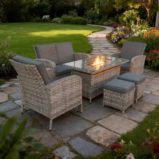 FURNITURE ONE 6 Piece Rattan Garden Furniture Set with Firepit Table in Grey - image 1