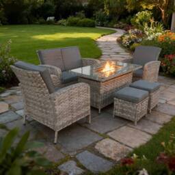FURNITURE ONE 6 Piece Rattan Garden Furniture Set with Firepit Table in Grey