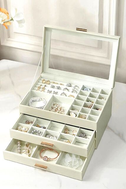 Living and Home 3-Tier PU Leather Jewelry Desktop Box Organizer with Drawers in White - image 1