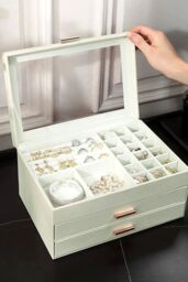 Living and Home 3-Tier PU Leather Jewelry Desktop Box Organizer with Drawers in White - thumbnail 2