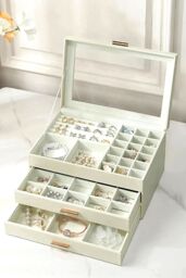 Living and Home 3-Tier PU Leather Jewelry Desktop Box Organizer with Drawers in White