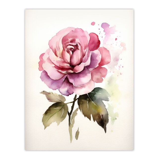 Artery8 Wall Art Print Pink Rose Bloom Simple Watercolour Painting Single Flower Valentines Love Nature Colourful Bright Floral Modern Artwork Poster - image 1
