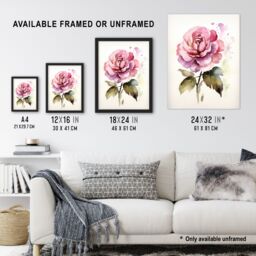 Artery8 Wall Art Print Pink Rose Bloom Simple Watercolour Painting Single Flower Valentines Love Nature Colourful Bright Floral Modern Artwork Poster - thumbnail 3