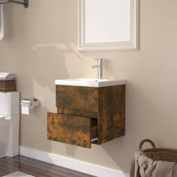 Berkfield Home Sink Cabinet with Built-in Basin Smoked Oak Engineered Wood in Brown - thumbnail 4