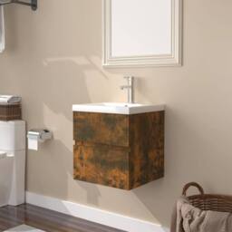 Berkfield Home Sink Cabinet with Built-in Basin Smoked Oak Engineered Wood in Brown - thumbnail 2