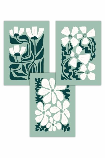 ARTZE Set of 3 Green & White Boho Abstract Floral Art Posters - Size: W50 cm x H70 cm - image 1