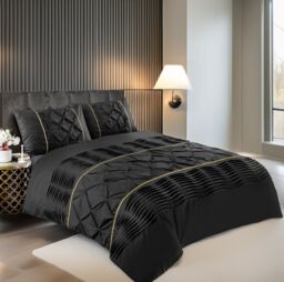 Snug City Duvet Cover & Pillowcase Set Modern Pintuck Border Pleated Bed Linen in Black - Size: Double - thumbnail 1
