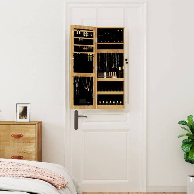 Berkfield Home Mirror Jewellery Cabinet with LED Lights Wall Mounted in Brown - image 1