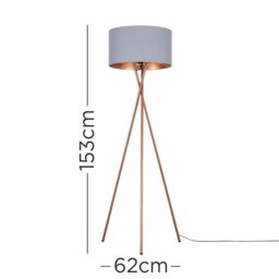 ValueLights Camden Copper Metal Tripod Floor Lamp with Grey & Copper Lamp Shade - thumbnail 8