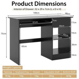 EONLION Wooden Computer Desk with Keyboard Tray in Black - Size: 100 cm - thumbnail 2