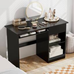 EONLION Wooden Computer Desk with Keyboard Tray in Black - Size: 100 cm