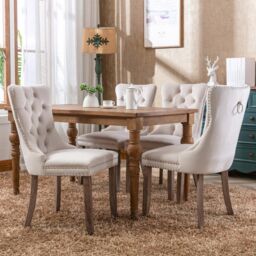HomeTouch Taylor Set of 6 Lux Cream Velvet Upholstered Kitchen Dining Chairs with Pull Knocker Back in Beige - Size: 6 Pack
