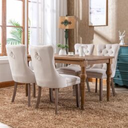HomeTouch Taylor Set of 6 Lux Cream Velvet Upholstered Kitchen Dining Chairs with Pull Knocker Back in Beige - Size: 6 Pack - thumbnail 4