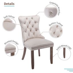 HomeTouch Taylor Set of 6 Lux Cream Velvet Upholstered Kitchen Dining Chairs with Pull Knocker Back in Beige - Size: 6 Pack - thumbnail 5