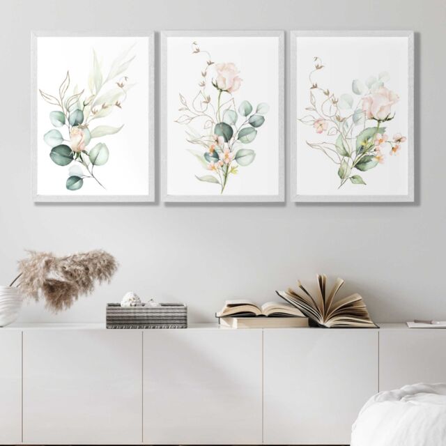 ARTZE Pink Floral Roses Set of 3 Wall Art Prints with White Frame. Size: A4 in Rose - Size: A2 - image 1