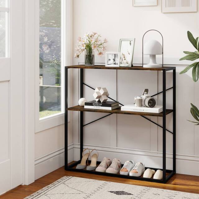 Gymax 90CM Console Table 2-Tier Entryway Table Wooden Shelves Metal Frame in Brown - image 1