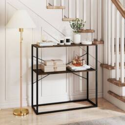 Gymax 90CM Console Table 2-Tier Entryway Table Wooden Shelves Metal Frame in Brown - thumbnail 7