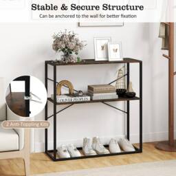 Gymax 90CM Console Table 2-Tier Entryway Table Wooden Shelves Metal Frame in Brown - thumbnail 5