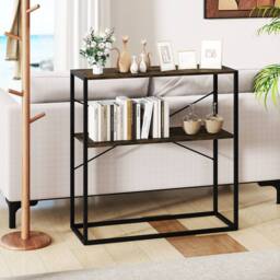 Gymax 90CM Console Table 2-Tier Entryway Table Wooden Shelves Metal Frame in Brown - thumbnail 8