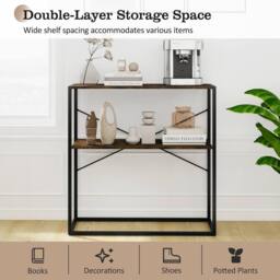 Gymax 90CM Console Table 2-Tier Entryway Table Wooden Shelves Metal Frame in Brown - thumbnail 6