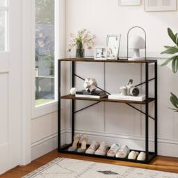 Gymax 90CM Console Table 2-Tier Entryway Table Wooden Shelves Metal Frame in Brown