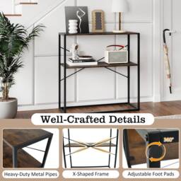 Gymax 90CM Console Table 2-Tier Entryway Table Wooden Shelves Metal Frame in Brown - thumbnail 3