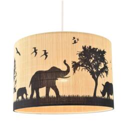 Happy Homewares Modern Safari Bamboo Pendant Light Shade with Black Animals & Trees in Brown
