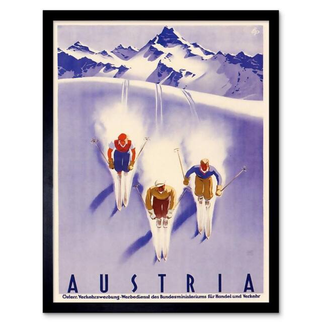 "Wee Blue Coo Travel Tourism Winter Sport Austria Ski Snow Alps Framed Art Print in Blue - Size: W12"" x H16""" - image 1