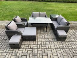 Fimous Outdoor Rattan Garden Furniture 9 piece Grey Patio Furniture Set 9 Seater Lounge Sofa Set with Rectangular Table in Dark Grey - thumbnail 1