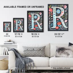 "Artery8 Women's Wall Art Print Letter R in Bright Watercolour Flowers Cute Floral Word Art For Her Poster - Size: W18"" x H24""" - thumbnail 3